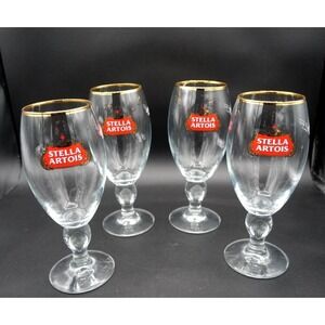 Set of 4 Stella Artois Beer Glasses Gold Rimmed Stemware Chalice‎